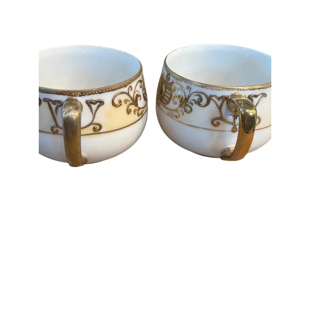 Vintage Hand Painted Japan Gold Moriage Tea Cups Pair Crown Mark Antique 1920s